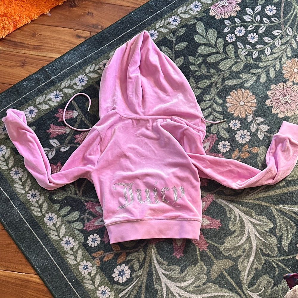 Juicy Couture Pink Velour Crop Hoodie with Rhinestone 'Juicy' Back S